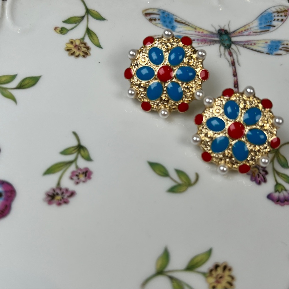 Elegant Gold and Blue Floral Earrings